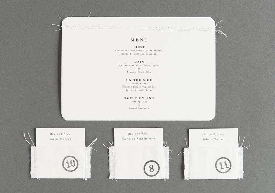Convite de casamento papel e tecido - marcadores e menu.