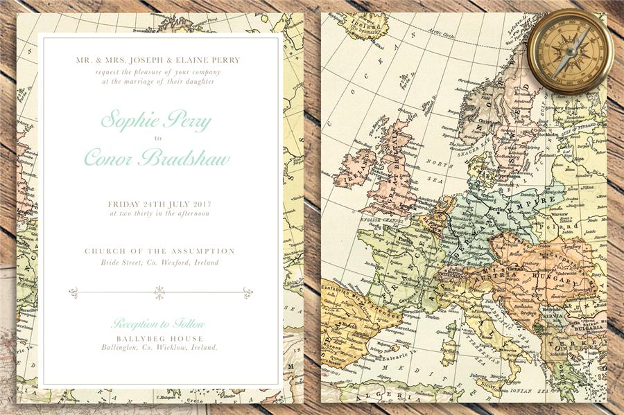 convite de casamento mapa vintage-frente e verso